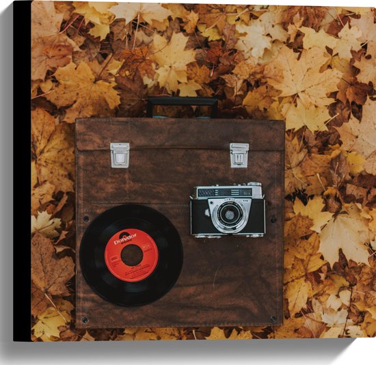 Canvas - Muziekplaat en Vintage Camera op Koffer tussen de Herfstbladeren - 40x40 cm Foto op Canvas Schilderij (Wanddecoratie op Canvas)
