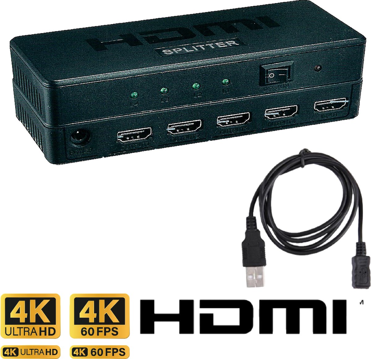Maxenza Visual ProHD HDMI 1.4 Splitter - 4 Uitgangen, 1920*1080, 10/12bit Diepe Kleur, DTS/Dolby Audio, 2.25Gbps, ABS/PVC, HDMI Switch - Zwart
