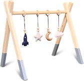 Houten babygym | Massief houten speelboog tipi vorm met ruimte hangers - denim drift | toddie.nl