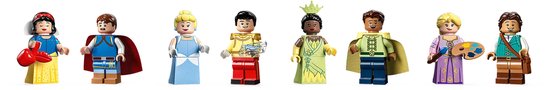 Zeer gedetailleerde LEGO prinsessen figuren: Sneeuwwitje, Assepoester, Belle en Tiana.