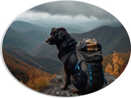 PVC Schuimplaat Ovaal - Reizende Hond met Backpack op Top van de Berg - 56x42 cm Foto op Ovaal (Met Ophangsysteem)