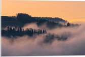 Acrylglas - Bergen - Bomen - Wolken - Mist - Huisje - 60x40 cm Foto op Acrylglas (Met Ophangsysteem)