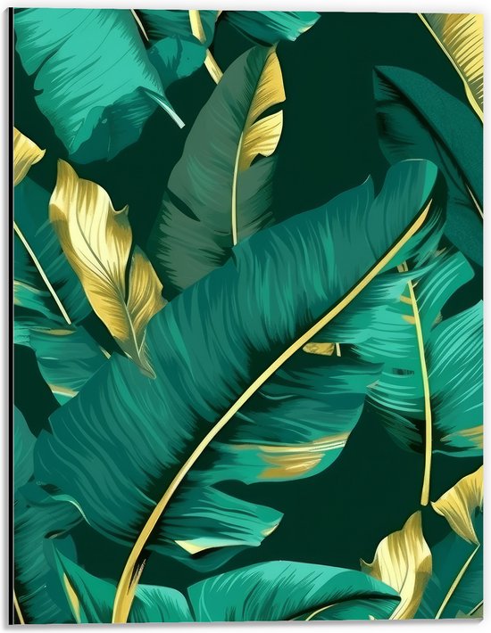 Dibond - Groene Palmbladeren met Gouden Details - 30x40 cm Foto op Aluminium (Wanddecoratie van metaal)
