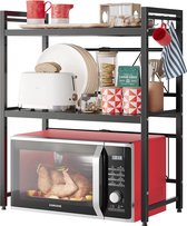 Expandable Microwave Shelf, 3 Tier Microwave Rack Microwave Holder Kitchen Worktop Organiser Baker's Shelf with 8 Hooks, Black