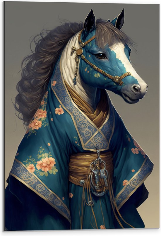 Dibond - Portretfoto van Paard in Blauwe Badjas - 40x60 cm Foto op Aluminium (Met Ophangsysteem)