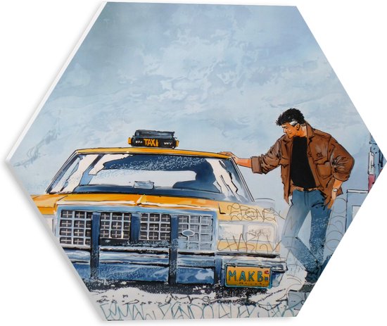 PVC Schuimplaat Hexagon - Tekening van Man Leunend op Kenmerkende Gele Taxi - 30x26.1 cm Foto op Hexagon (Met Ophangsysteem)