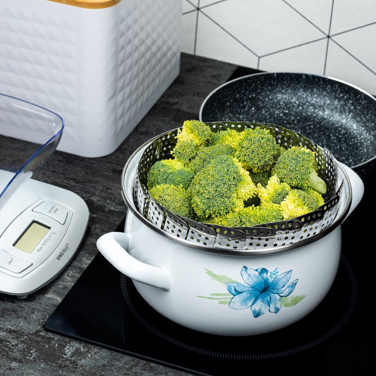 KINGHOFF - Stoommandje - Groente Stomer voor Pan - Stoominzet Opvouwbaar - Gezond Koken zonder Olie - Stoomrek Keuken - Staal - Ø28cm - Zilver — cadeau in Kookcadeaus - foto 3