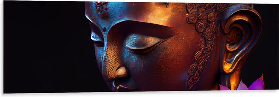 Dibond - Religieuze Boeddha met Roze Lelie Bloemen - 120x40 cm Foto op Aluminium (Wanddecoratie van metaal)