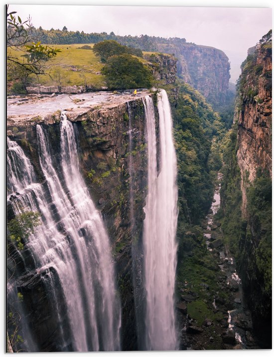 Dibond - Bergen - Water - Waterval - Bomen - Bosjes - 60x80 cm Foto op Aluminium (Wanddecoratie van metaal)