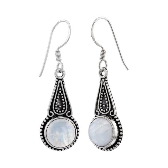 Zilveren oorbellen met hanger dames | Zilveren oorhangers, druppelvorm met geoxideerde details en maansteen