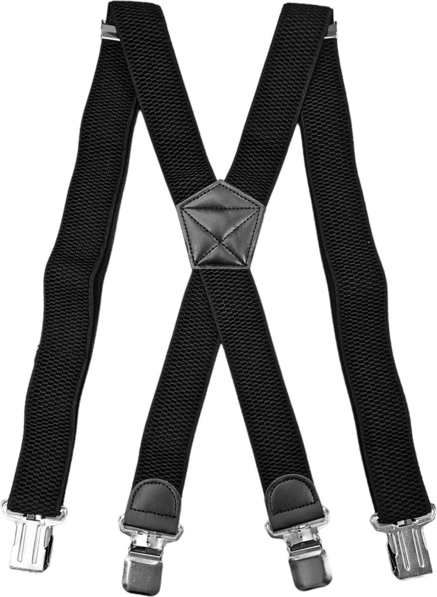 Fako Fashion - Brede Heren Bretels - 40mm Breed - 4 Clips - 28mm Brede Clips - XL - 120cm - Zwart - Gestikt