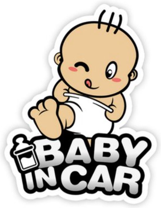 Schattige baby sticker met de tekst "BABY IN CAR" en een baby met een knipoog.