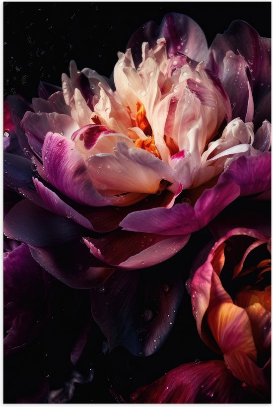 Poster Glanzend – Paars-Roze Kleurige Open Bloem met Waterdruppels - 40x60 cm Foto op Posterpapier met Glanzende Afwerking