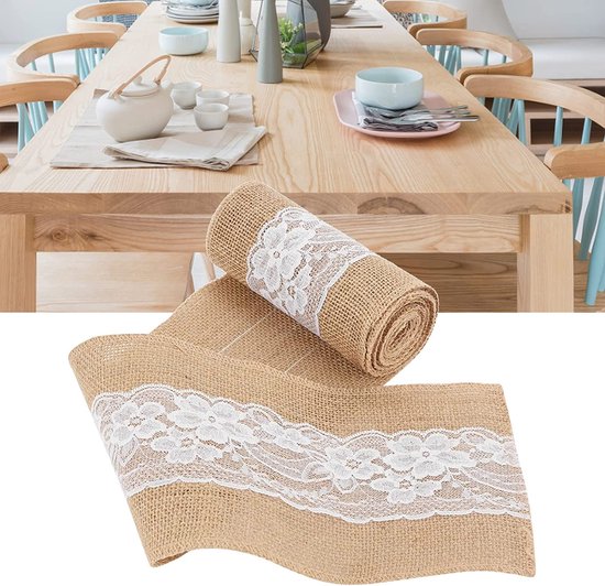 Jute tafelloper, 30 x 275 cm, vintage look, natuurlijke kant, zaklinnen, tafelloper voor bruiloft, feesten, evenementen, tafeldecoratie, festival-gebeurtenis