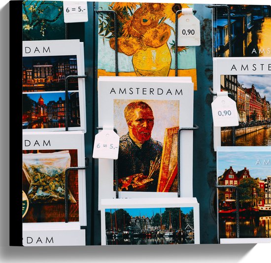 Canvas - Amsterdamse Ansichtkaarten in het Rek - 40x40 cm Foto op Canvas Schilderij (Wanddecoratie op Canvas)
