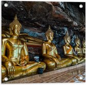 Tuinposter – Rijen Gouden Boeddha's in Wat Tham Khuha Sawan Tempel in Thailand - 50x50 cm Foto op Tuinposter (wanddecoratie voor buiten en binnen)