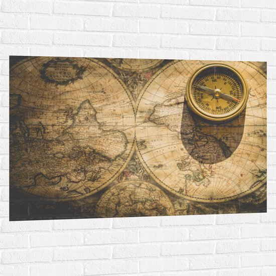 Muursticker - Kompas met Wereldkaarten - 120x80 cm Foto op Muursticker