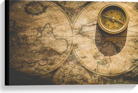 Canvas - Kompas met Wereldkaarten - 60x40 cm Foto op Canvas Schilderij (Wanddecoratie op Canvas)