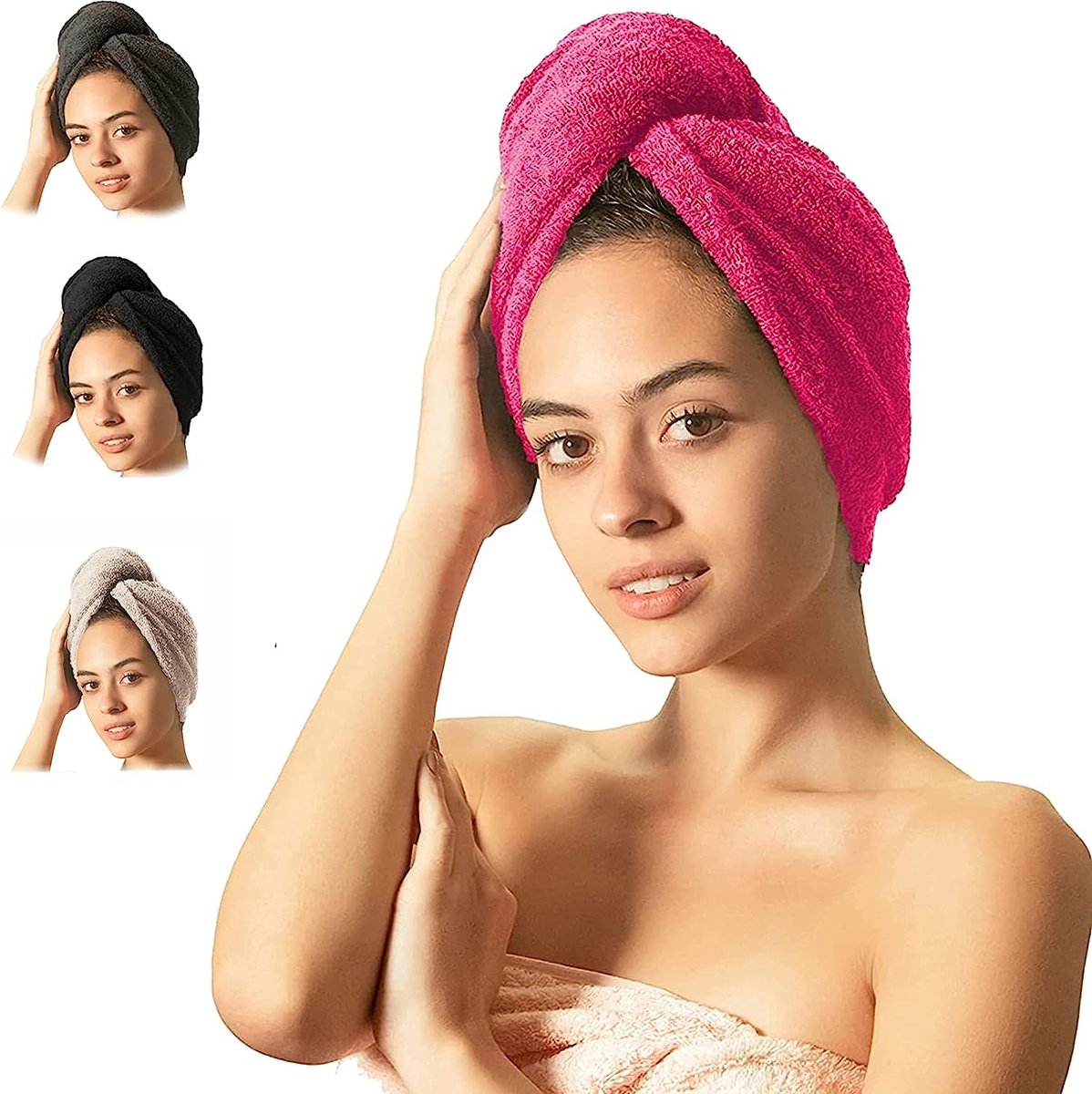 Haartulbandhanddoek [Set van 2] - Roze - Deluxe Tulband Haartulband met knoop - Sneldrogend 100% katoenen handdoek Haarhanddoeken - Hoofddoek Handdoek - voor lang haar (roze)