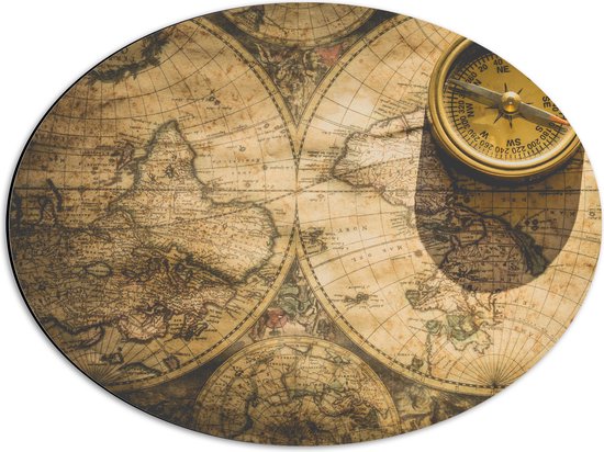 Dibond Ovaal - Kompas met Wereldkaarten - 56x42 cm Foto op Ovaal (Met Ophangsysteem)