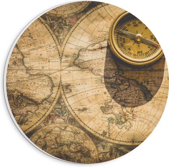 PVC Schuimplaat Muurcirkel - Kompas met Wereldkaarten - 20x20 cm Foto op Muurcirkel (met ophangsysteem)