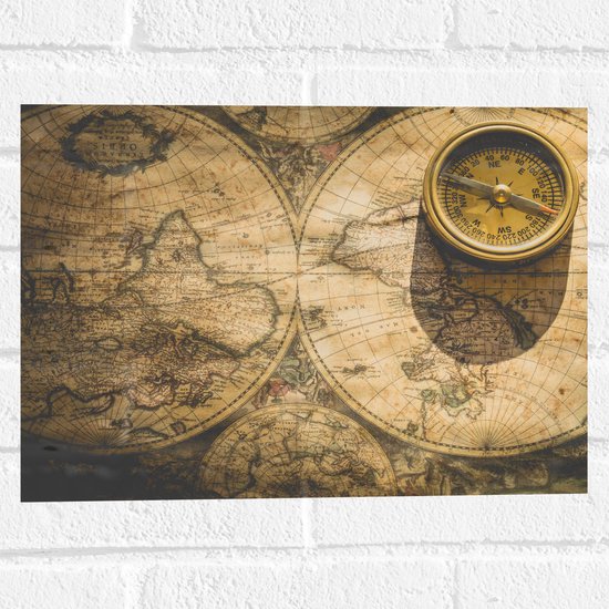 Muursticker - Kompas met Wereldkaarten - 40x30 cm Foto op Muursticker