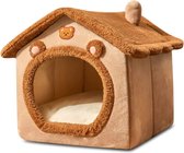 Kattengrotbed, wasbaar hondenbed, warm en gezellig kattenhuis, opvouwbaar comfortabel kattenhuis, hondenbed met afneembaar kussen (M, bruin)