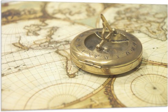 Vlag - Gouden Kompas op Wereldkaart - 105x70 cm Foto op Polyester Vlag