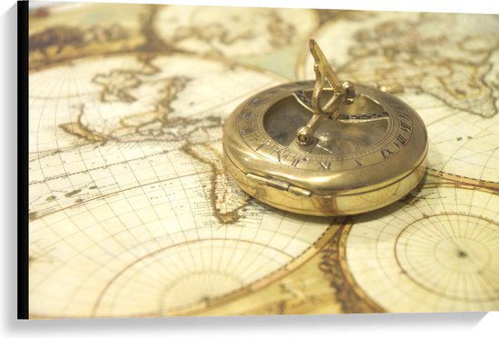 Canvas - Gouden Kompas op Wereldkaart - 90x60 cm Foto op Canvas Schilderij (Wanddecoratie op Canvas)