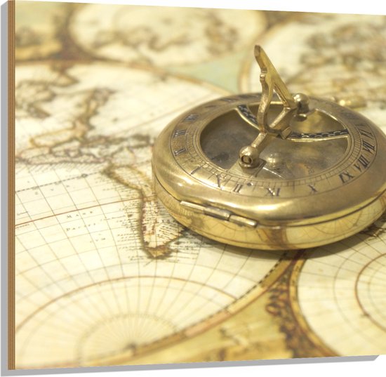 Hout - Gouden Kompas op Wereldkaart - 100x100 cm - 9 mm dik - Foto op Hout (Met Ophangsysteem)
