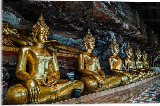 Acrylglas - Rijen Gouden Boeddha's in Wat Tham Khuha Sawan Tempel in Thailand - 60x40 cm Foto op Acrylglas (Wanddecoratie op Acrylaat)