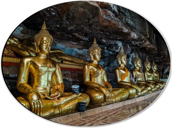 Dibond Ovaal - Rijen Gouden Boeddha's in Wat Tham Khuha Sawan Tempel in Thailand - 40x30 cm Foto op Ovaal (Met Ophangsysteem)