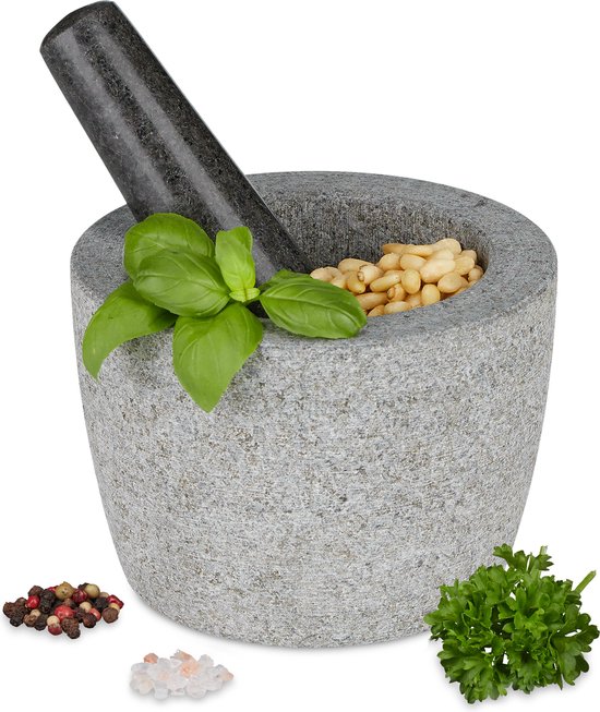 Relaxdays vijzel met stamper - graniet - 14 cm - stenen mortier - kruiden malen - keuken