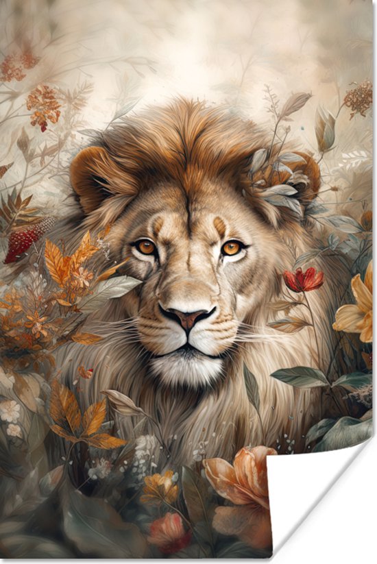 Poster Leeuw - Wilde dieren - Planten - Natuur - Bloemen