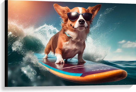 Canvas - Corgi Hond met Zwarte Zonnebril op Surfplank - 90x60 cm Foto op Canvas Schilderij (Wanddecoratie op Canvas)