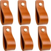Buffel & Co Leren Handgrepen – Set van 6 – 100% Leer – Leren Lusjes – Inclusief Sierschroeven goud– Greepjes – Cognac