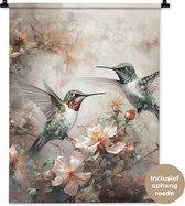 Wandkleed - Wanddoek - Kolibrie - Vogels - Bloemen - Planten - 60x80 cm - Wandtapijt