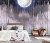 Fotobehang - Vlies Behang - Mistig Bos en de Maan op Grijze Houten Planken - 520 x 318 cm