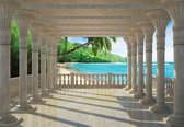 Fotobehang - Vlies Behang - 3D Uitzicht op de Palmboom, Strand en Zee vanaf het Terras met Pilaren - 208 x 146 cm