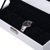 Horlogedoos met 6 horloges, horlogekast voor heren en dames, horlogekist van PU-leer, horlogedoos met glazen deksel, fluweel, in zwart (binnen) + wit (buiten) kleur