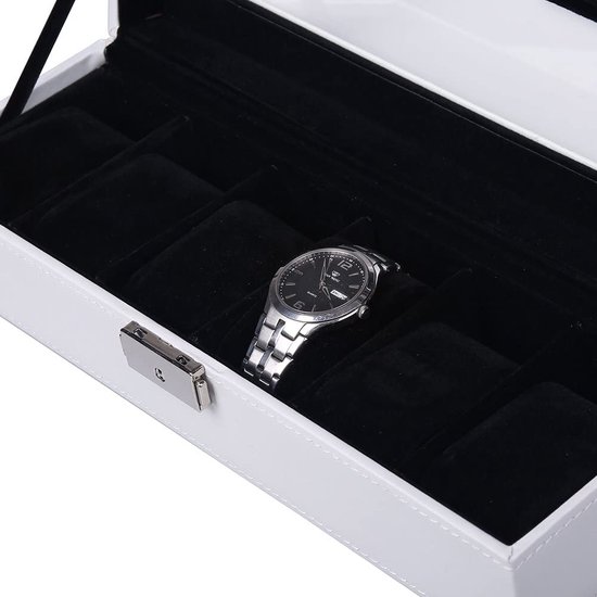Coffret de montres avec 6 montres, coffret de montres pour hommes et femmes, coffret de montres en cuir PU, coffret de montres avec couvercle en verre, velours, de couleur noir (intérieur) + blanc (extérieur)