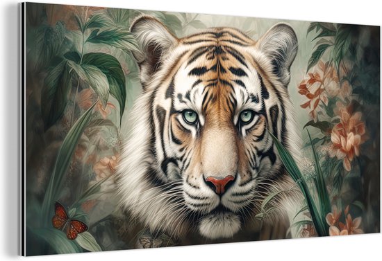 Wanddecoratie Metaal - Aluminium Schilderij Industrieel - Tijger - Vlinders - Dieren - Jungle - Bloemen - 120x60 cm - Dibond - Foto op aluminium - Industriële muurdecoratie - Voor de woonkamer/slaapkamer