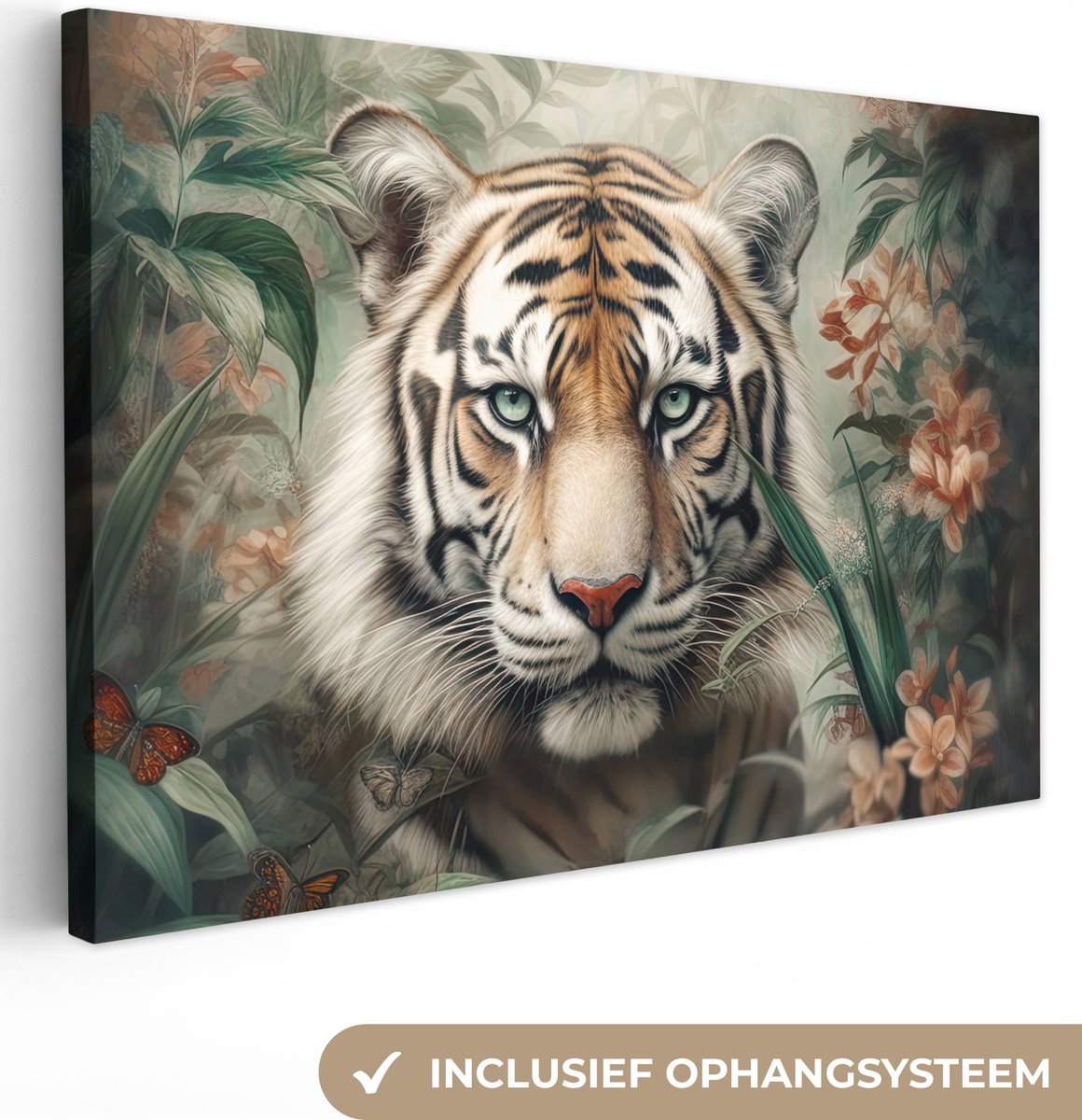 Tableau sur toile Tigre - Papillons - Animaux - Jungle - Fleurs - 120x80 cm  
