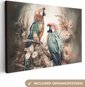 Canvas Schilderij Papegaaien - Vogels - Natuur - Bloemen - 90x60 cm - Wanddecoratie