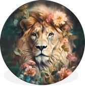 WallCircle - Cercle Mural - Cercle Mural - Lion - Tête de Lion - Animaux Sauvages - Fleurs - Aluminium - Dibond - 60x60 cm - Intérieur et Extérieur