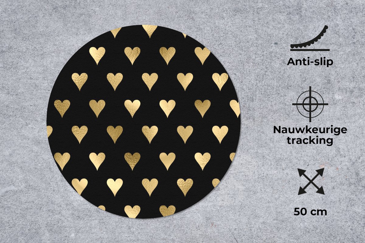 Muismat rond 50x50 cm - Mousepad Hartje - Goud - Luxe - Zwart - Patronen - Ronde muismatten