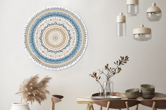 WallCircle - Stickers muraux - Cercle Papier Peint - Mandala - Blauw - Bohème - Wit - Design - 120x120 cm - Cercle Mural - Auto Adhésif - Sticker Papier Peint Rond XXL