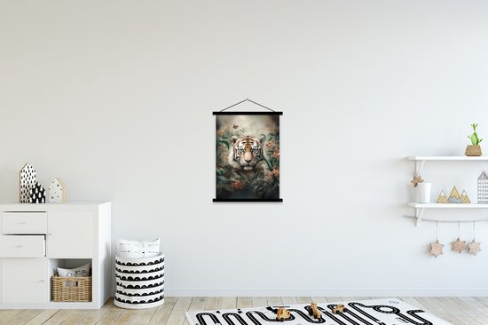 Porte-affiche avec affiche - Affiche scolaire - Tigre - Papillons - Animaux - Jungle - Fleurs - 60x80 cm - Lattes noires
