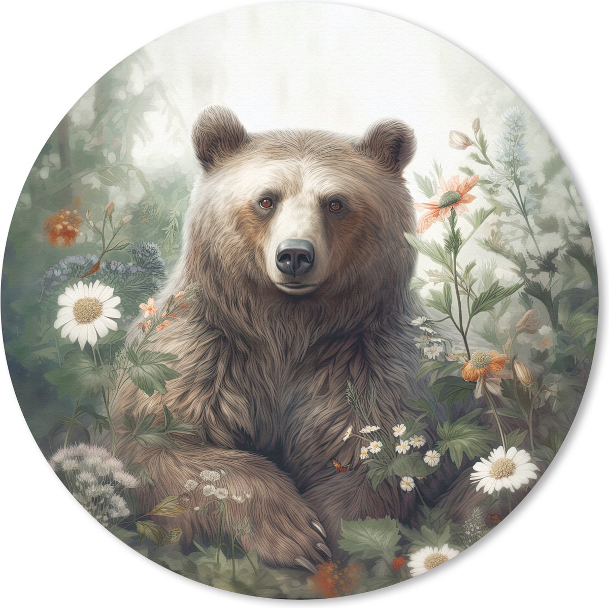 Muismat rond 50x50 cm - Mousepad Bruine beer - Wilde dieren - Bloemen - Planten - Ronde muismatten