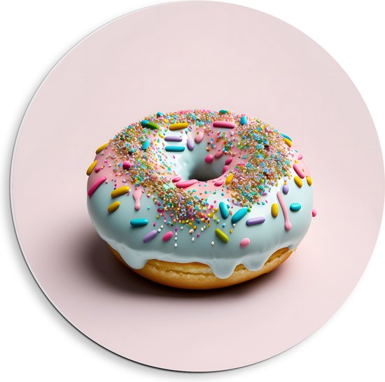 PVC Schuimplaat Muurcirkel - Donut met Blauwe Glazuur met Sprinkles tegen Lichroze Achtergrond - 40x40 cm Foto op Muurcirkel (met ophangsysteem)